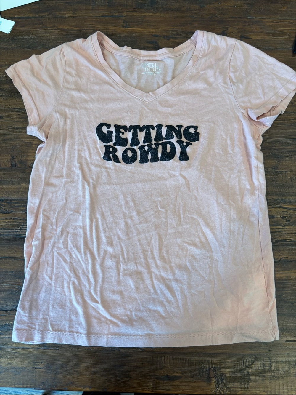 TIME AND TRU, Pink 'Getting Rowdy' V-Neck Graphic Tee, Size Small
